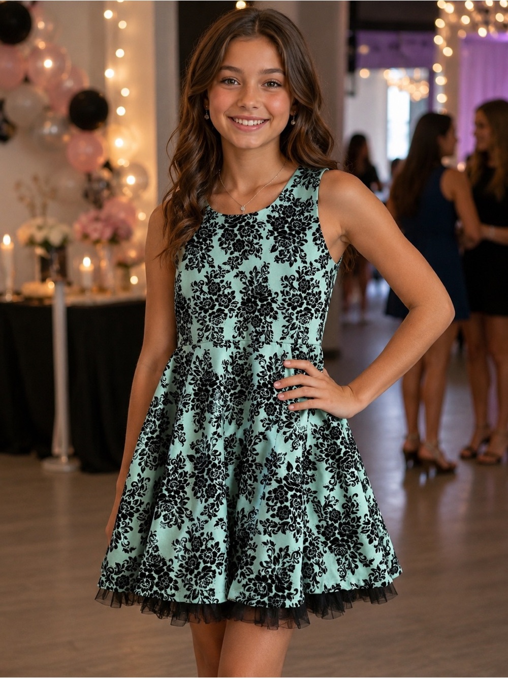 Knitworks Teal and Black Floral Fit & Flare Party Dress